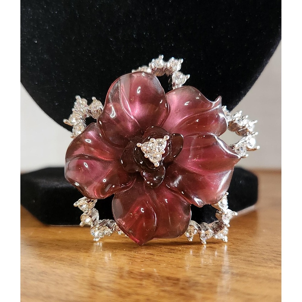 Nolan Miller Burgundy Resin Flower Brooch – Rhinestone Statement Pin